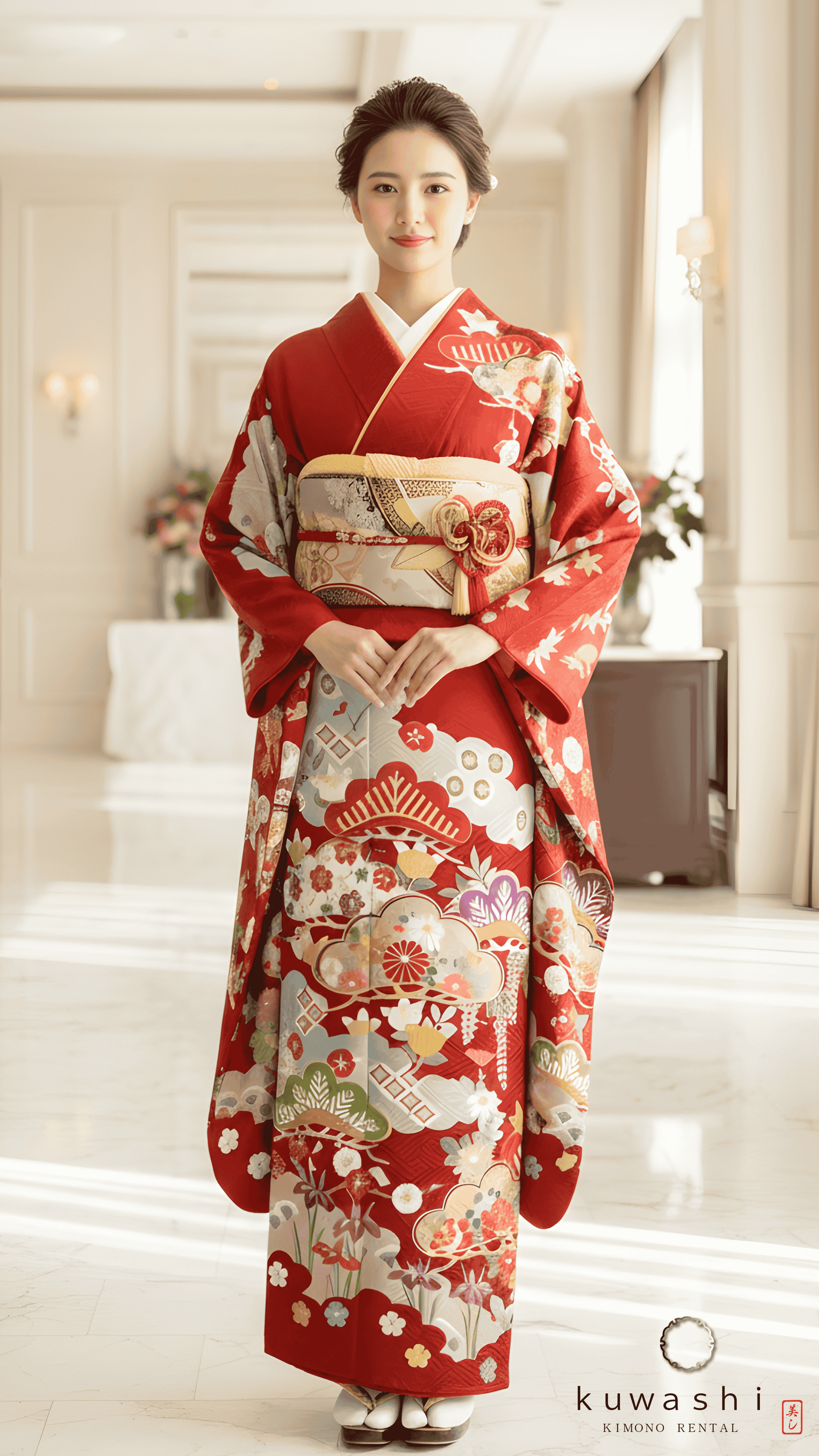 正絹振袖レンタル】 80018 パーシアンレッド雲取り地紋正絹振袖