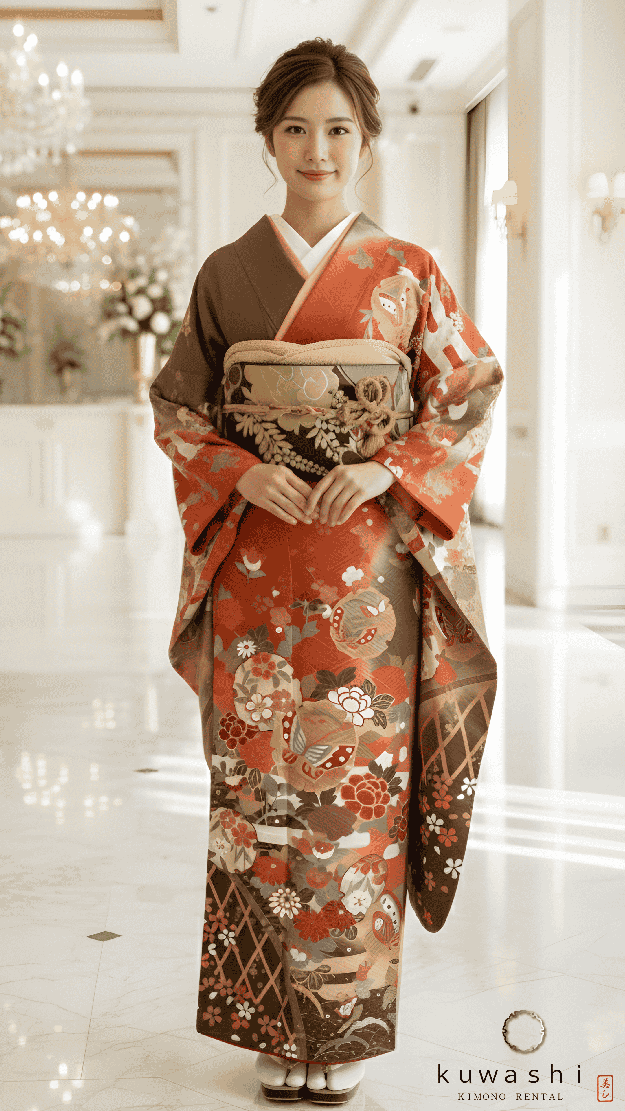 正絹振袖レンタル テラコッタオレンジ芍薬蝶正絹振袖袋帯セット 身長１４４ｃｍ～１６４ｃｍ 品番８００２２