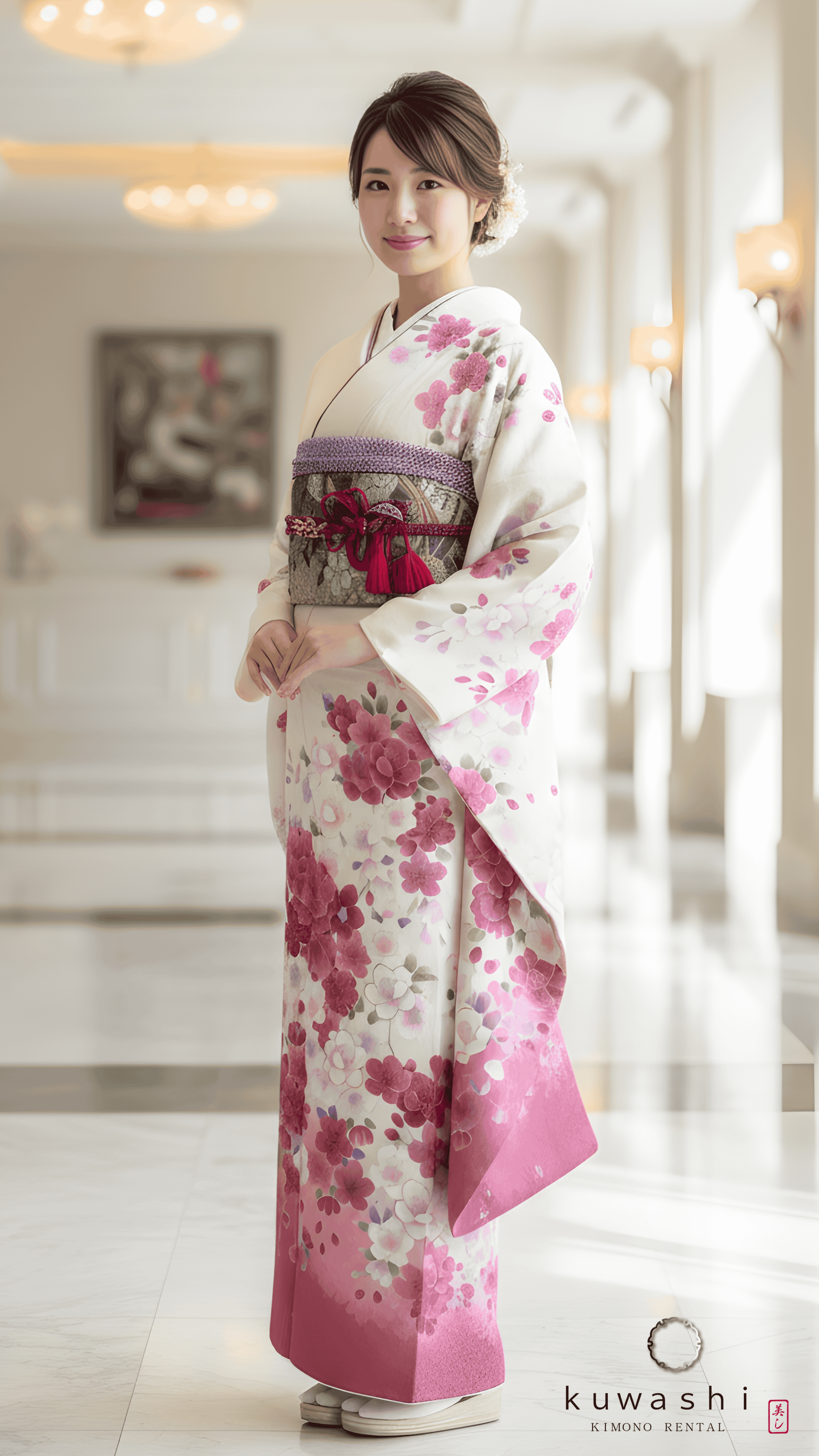 正絹振袖レンタル ホワイト／チェリーピンク枝垂れ桜正絹振袖袋帯セット 身長１４９ｃｍ～１６９ｃｍ 品番８００２３