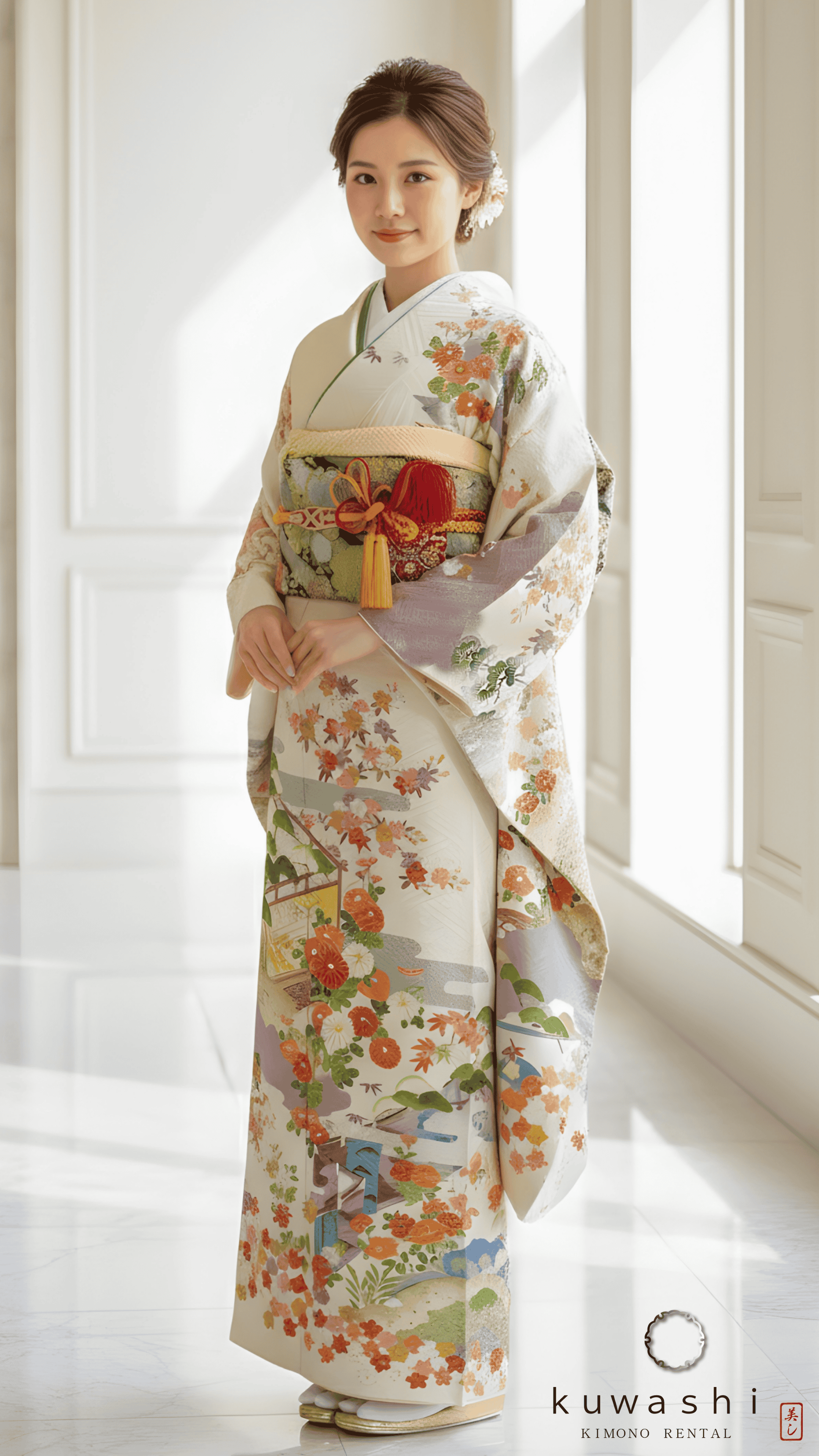 正絹振袖レンタル 白地古典柄四季庭園正絹振袖袋帯セット 身長１５０ｃｍ～１７０ｃｍ 品番８００２５