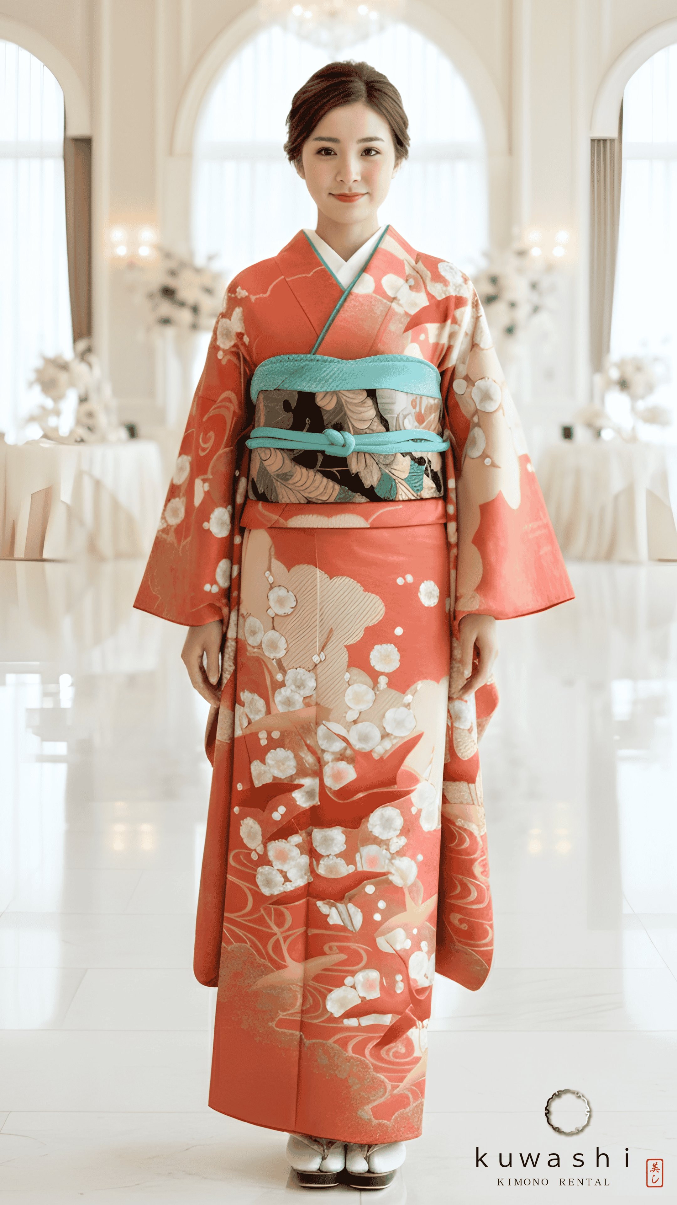 正絹振袖レンタル 朱赤地光琳鶴に梅正絹振袖袋帯セット 身長１５３ｃｍ～１７３ｃｍ 品番８００２７