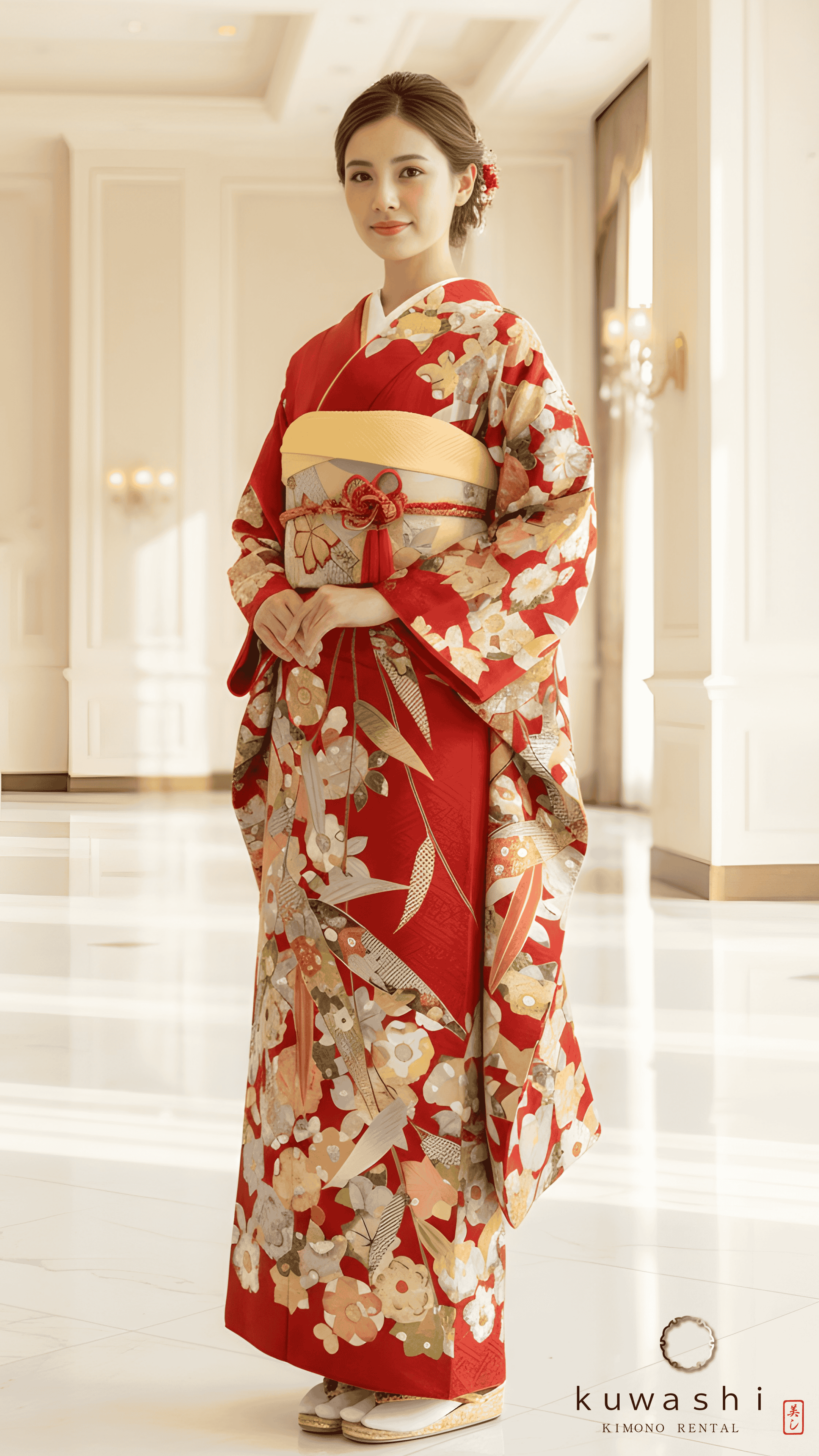 正絹振袖レンタル 深紅地紋様笹花正絹振袖袋帯セット 身長１５４ｃｍ～１７４ｃｍ 品番８００３１