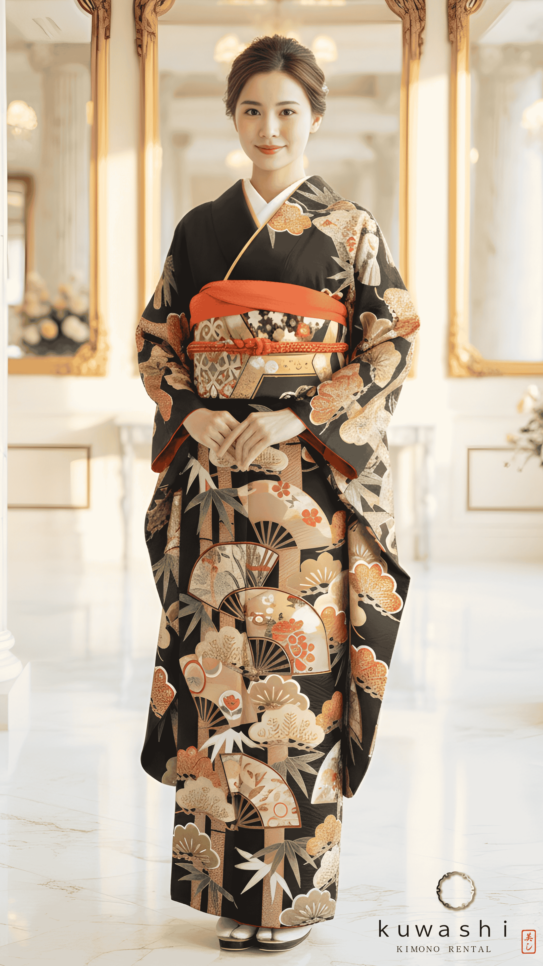 正絹振袖レンタル 黒地竹に扇松正絹振袖袋帯セット 身長１６０ｃｍ～１８０ｃｍ 品番８００３２