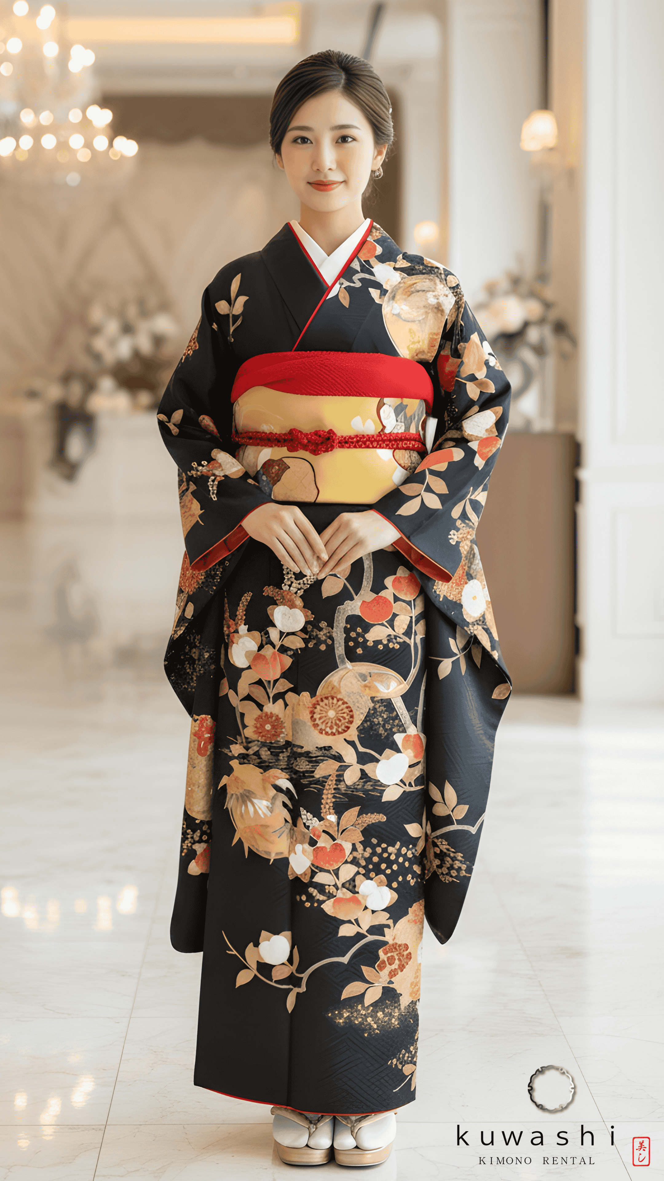 正絹振袖レンタル 黒地金橘地紋正絹中振袖袋帯セット 身長１４５ｃｍ～１６５ｃｍ 品番８００３３