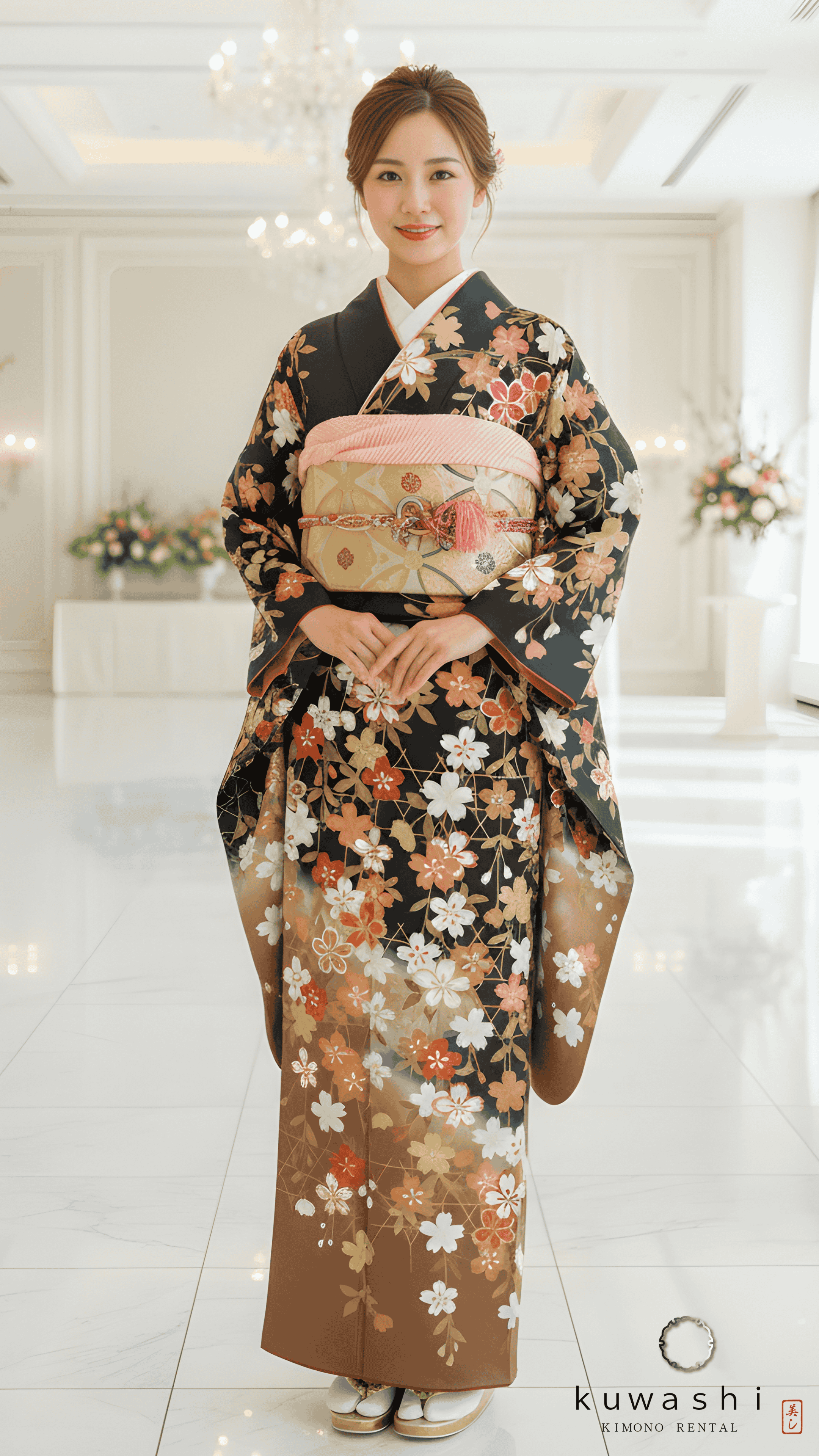 正絹振袖レンタル ブラック/ブロンズ桜柄正絹振袖袋帯セット 身長１４８ｃｍ～１６８ｃｍ 品番８００３５