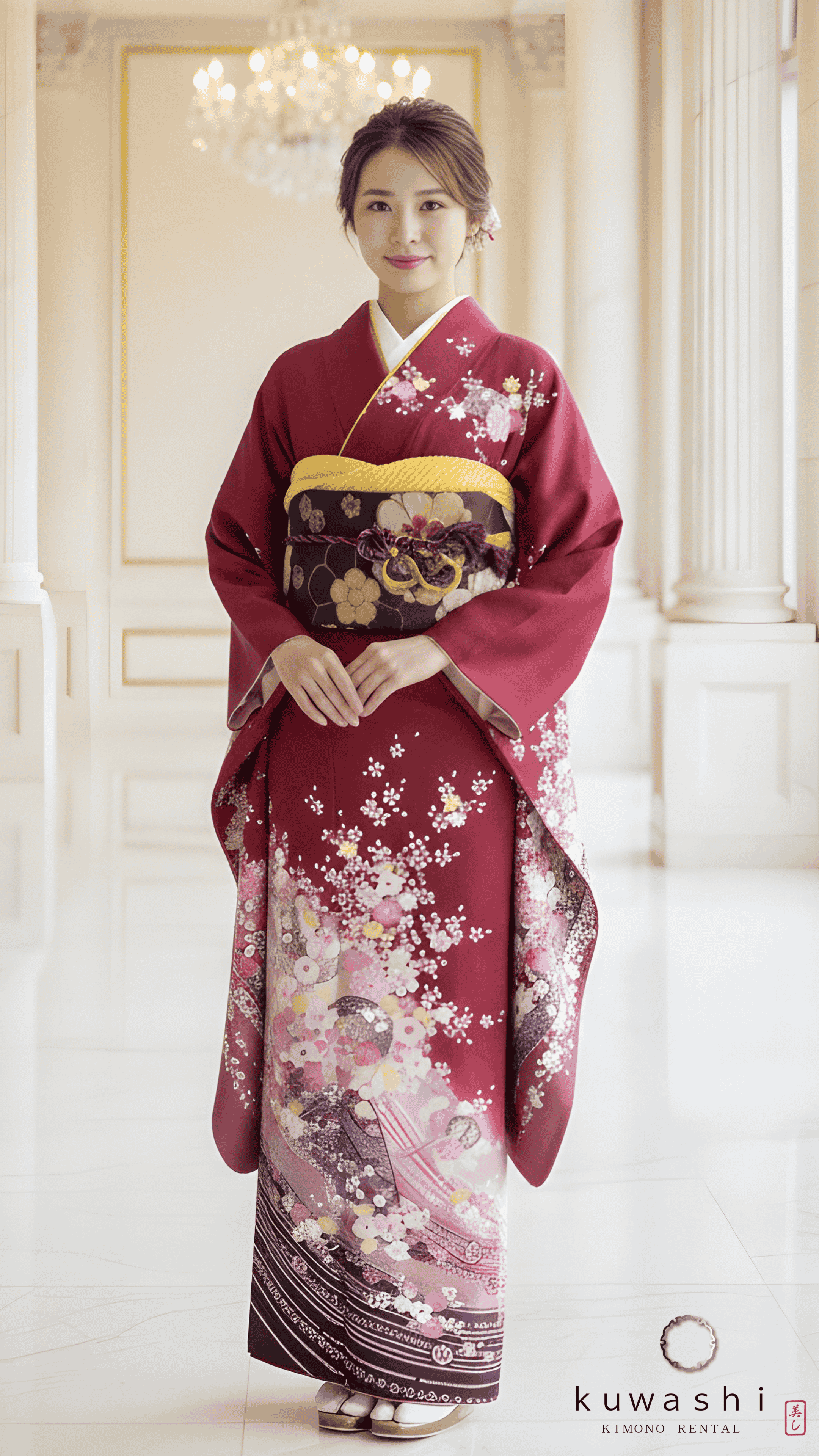 正絹振袖レンタル】 80036 ワインレッド地紋桜柄正絹振袖袋帯