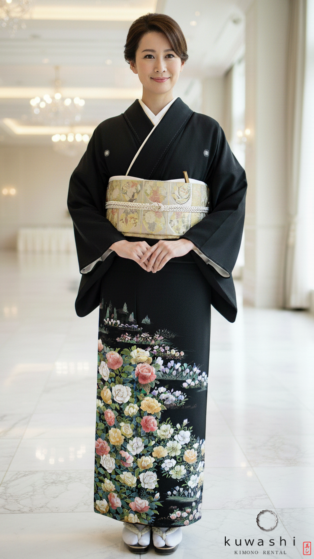 正絹黒留袖レンタル】 90006 手刺繍薔薇黒留袖袋帯セット 【身長