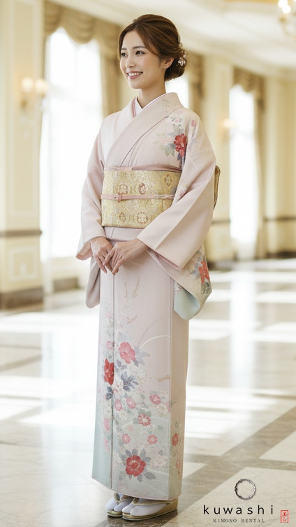 【美品　正絹お振袖　7点フルセット　Mサイズ　ピンクベージュ　モダン 】 レンタル着物】【往復送料無料】【東京都内着付代無料】 20012