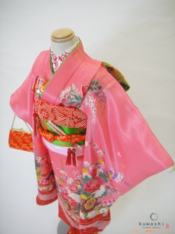 七五三レンタル着物】 00717 ピンク綸子花車フルセット 【7歳女児