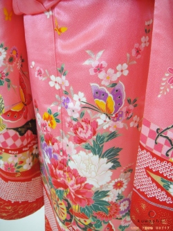 七五三レンタル着物】 00717 ピンク綸子花車フルセット 【7歳女児