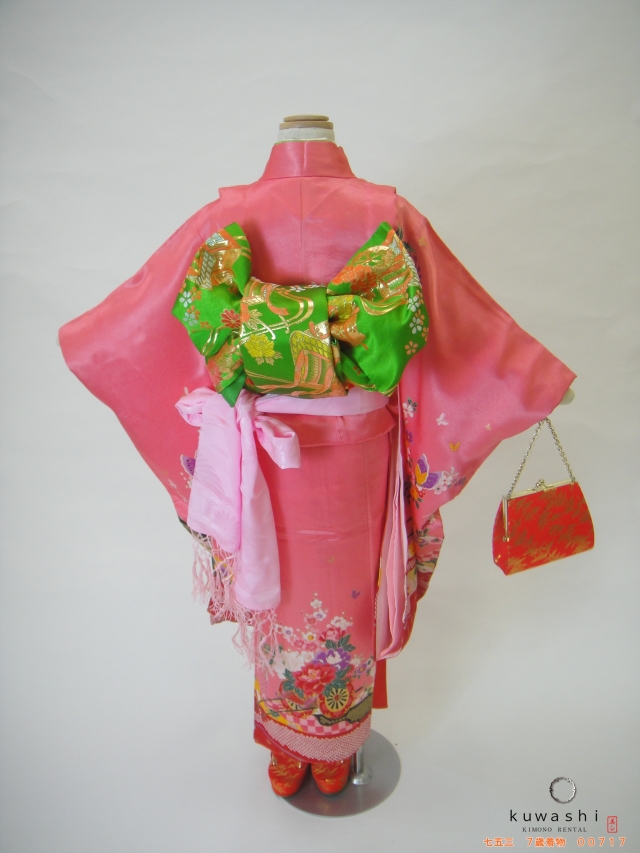 七五三レンタル着物】 00717 ピンク綸子花車フルセット 【7歳女児