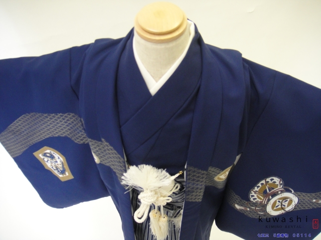 七五三レンタル着物】 05114 兜紺羽織縞袴フルセット 【5
