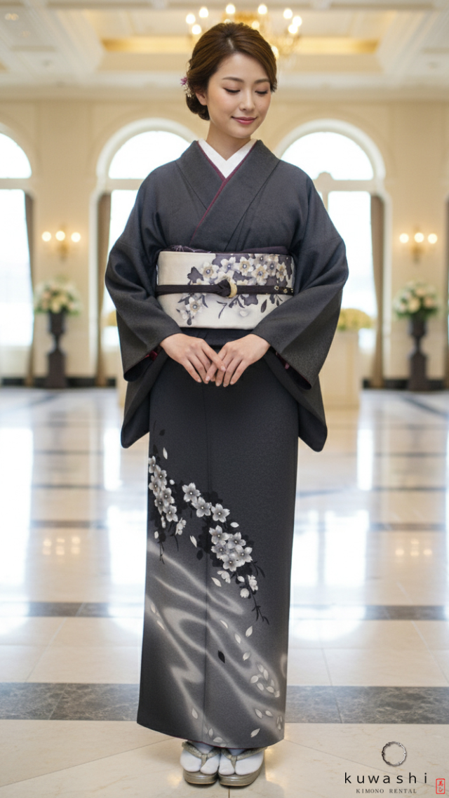 クワシ着物レンタル　墨桜流水正絹訪問着