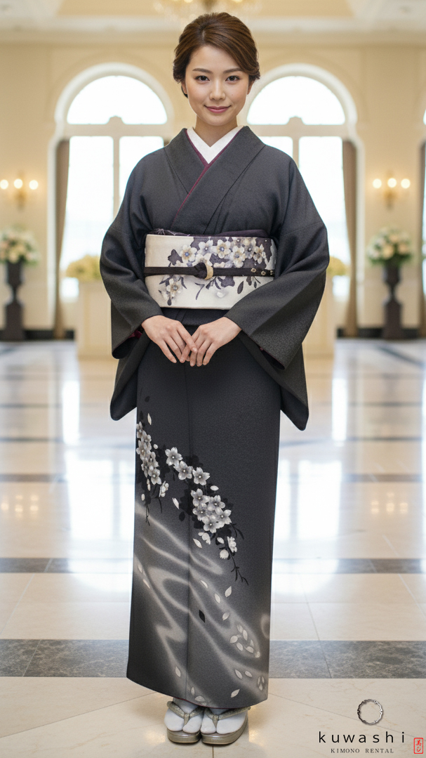 正絹訪問着レンタル】10011 墨桜流水正絹訪問着 共染袋帯フル