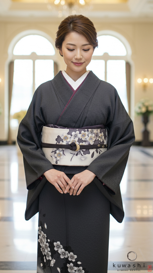 訪問着セット グレージュに黒 暈し 正絹訪問着レンタル】10011 墨桜流水正絹訪問着 共染袋帯フル