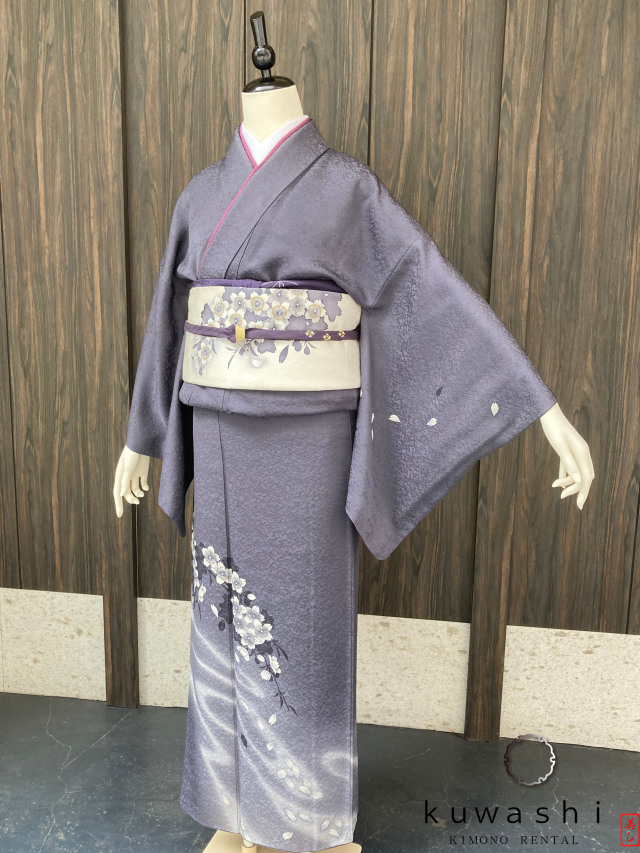 正絹訪問着レンタル】10011 墨桜流水正絹訪問着 共染袋帯フル