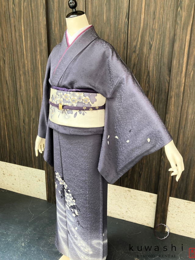 正絹訪問着レンタル】10011 墨桜流水正絹訪問着 共染袋帯フル