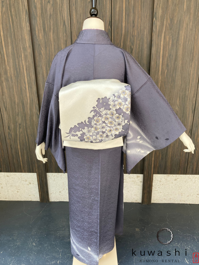 正絹訪問着レンタル】10011 墨桜流水正絹訪問着 共染袋帯フル