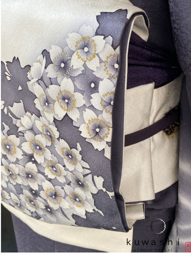 正絹訪問着レンタル】10011 墨桜流水正絹訪問着 共染袋帯フル