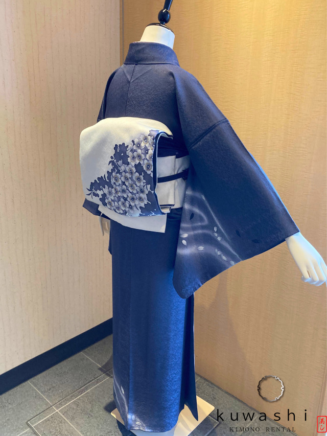 正絹訪問着レンタル】10011 墨桜流水正絹訪問着 共染袋帯フル