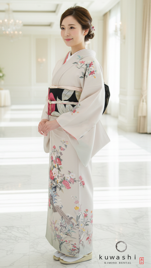 クワシ着物レンタル ライトベージュ加賀友禅調正絹訪問着