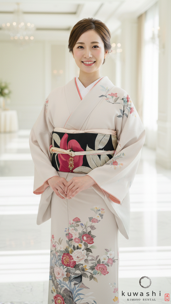 正絹訪問着レンタル】10018ライトベージュ加賀友禅調正絹訪問着