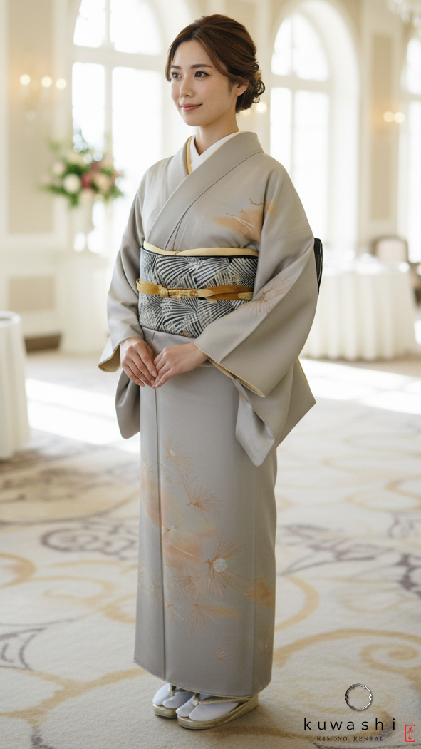 クワシ着物レンタル　シルバーグレー/ブラウン正絹附下訪問着