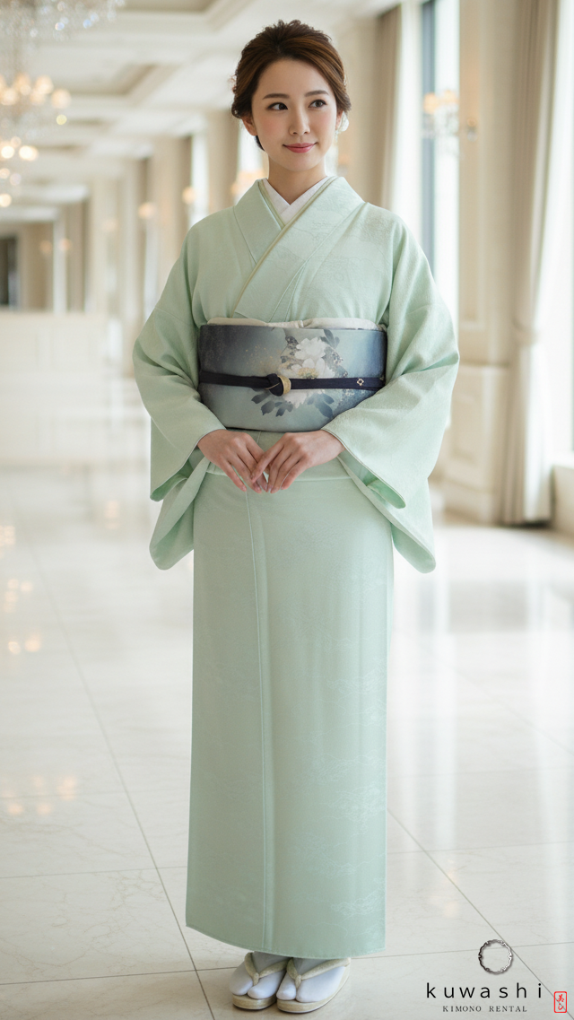 クワシ着物レンタル　ミントグリーン地紋正絹色無地