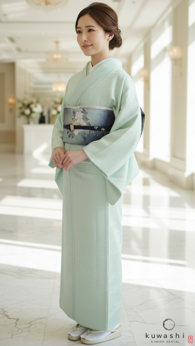 クワシ着物レンタル　ミントグリーン地紋正絹色無地