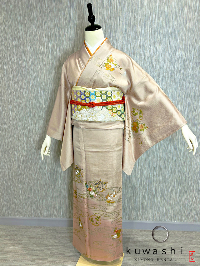 クワシ着物レンタル ラスターピンク刺繍金彩正絹訪問着