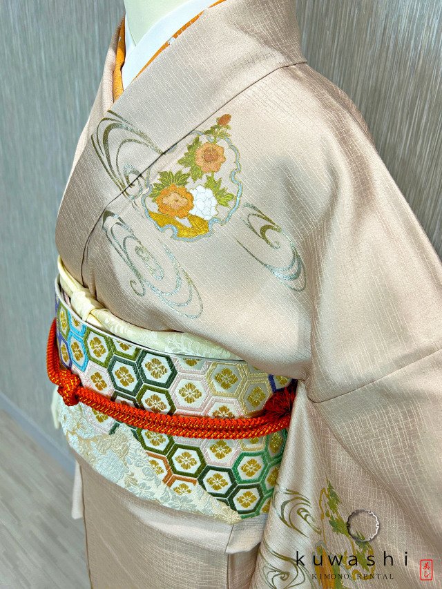 ラスターピンク刺繍金彩正絹訪問着 袋帯フルセット【レンタル　身長１５６ｃｍ～１７１ｃｍ】クワシ着物レンタル　品番２００１３