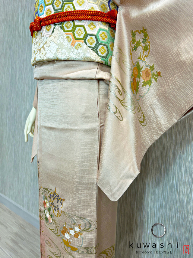 ラスターピンク刺繍金彩正絹訪問着 袋帯フルセット【レンタル　身長１５６ｃｍ～１７１ｃｍ】クワシ着物レンタル　品番２００１３