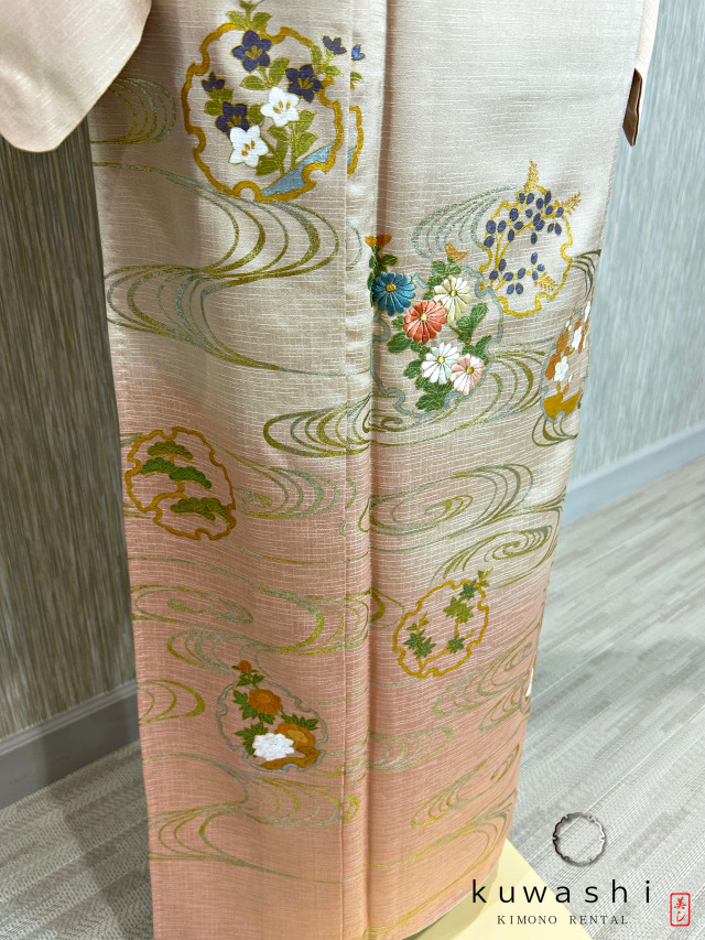 クワシ着物レンタル ラスターピンク刺繍金彩正絹訪問着