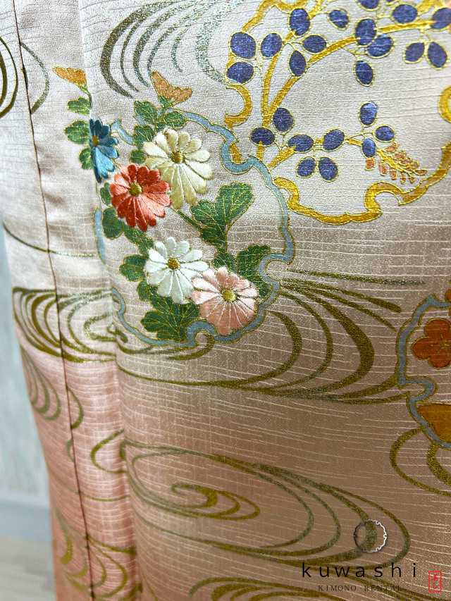 ラスターピンク刺繍金彩正絹訪問着 袋帯フルセット【レンタル　身長１５６ｃｍ～１７１ｃｍ】クワシ着物レンタル　品番２００１３