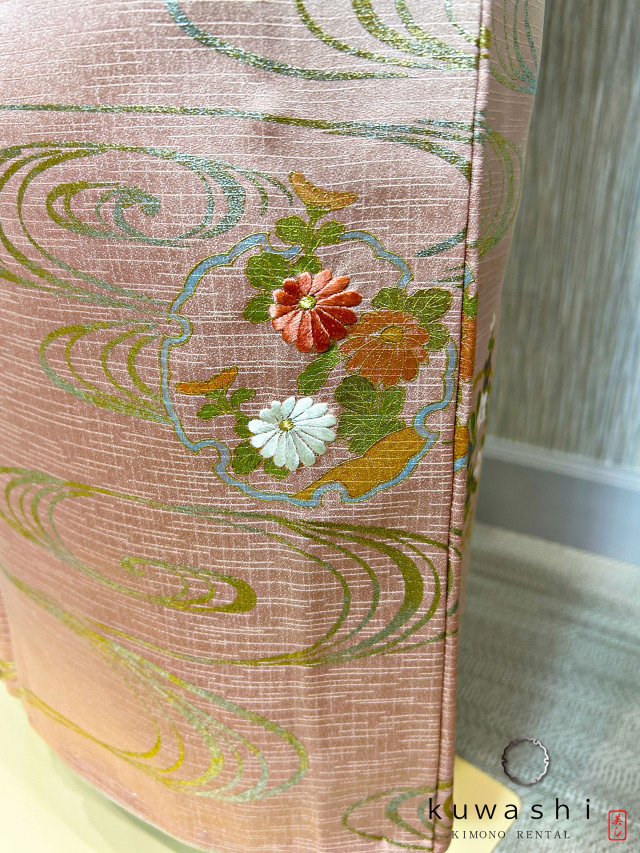 ラスターピンク刺繍金彩正絹訪問着 袋帯フルセット【レンタル　身長１５６ｃｍ～１７１ｃｍ】クワシ着物レンタル　品番２００１３