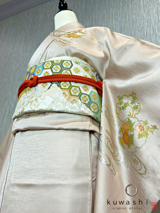 クワシ着物レンタル ラスターピンク刺繍金彩正絹訪問着