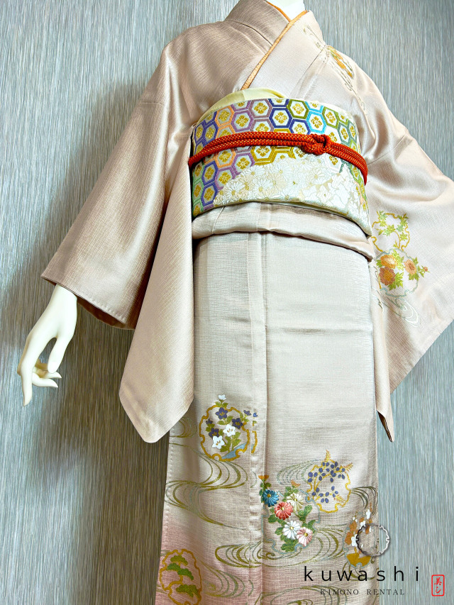 ラスターピンク刺繍金彩正絹訪問着 袋帯フルセット【レンタル　身長１５６ｃｍ～１７１ｃｍ】クワシ着物レンタル　品番２００１３