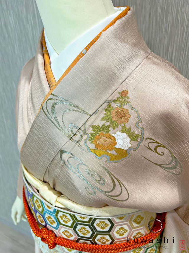 ラスターピンク刺繍金彩正絹訪問着 袋帯フルセット【レンタル　身長１５６ｃｍ～１７１ｃｍ】クワシ着物レンタル　品番２００１３