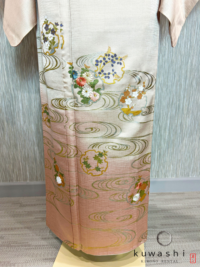 ラスターピンク刺繍金彩正絹訪問着 袋帯フルセット【レンタル　身長１５６ｃｍ～１７１ｃｍ】クワシ着物レンタル　品番２００１３