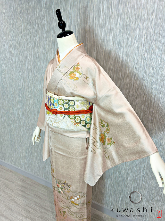 ラスターピンク刺繍金彩正絹訪問着 袋帯フルセット【レンタル　身長１５６ｃｍ～１７１ｃｍ】クワシ着物レンタル　品番２００１３