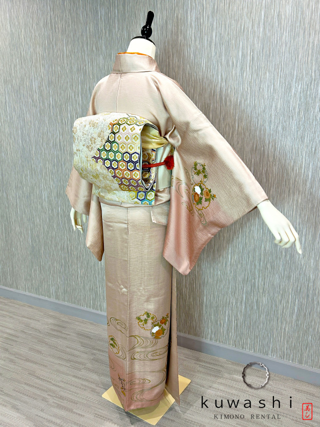 クワシ着物レンタル ラスターピンク刺繍金彩正絹訪問着