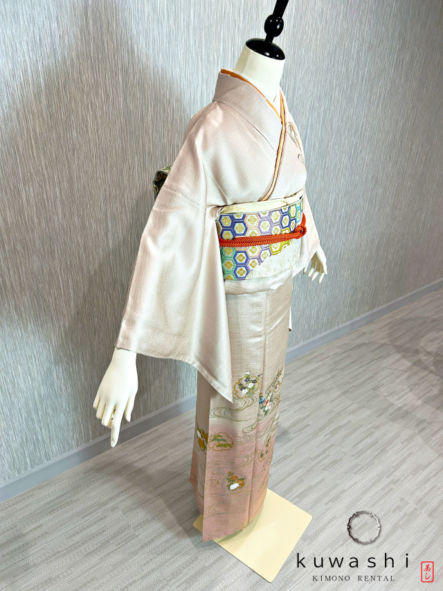 ラスターピンク刺繍金彩正絹訪問着 袋帯フルセット【レンタル　身長１５６ｃｍ～１７１ｃｍ】クワシ着物レンタル　品番２００１３