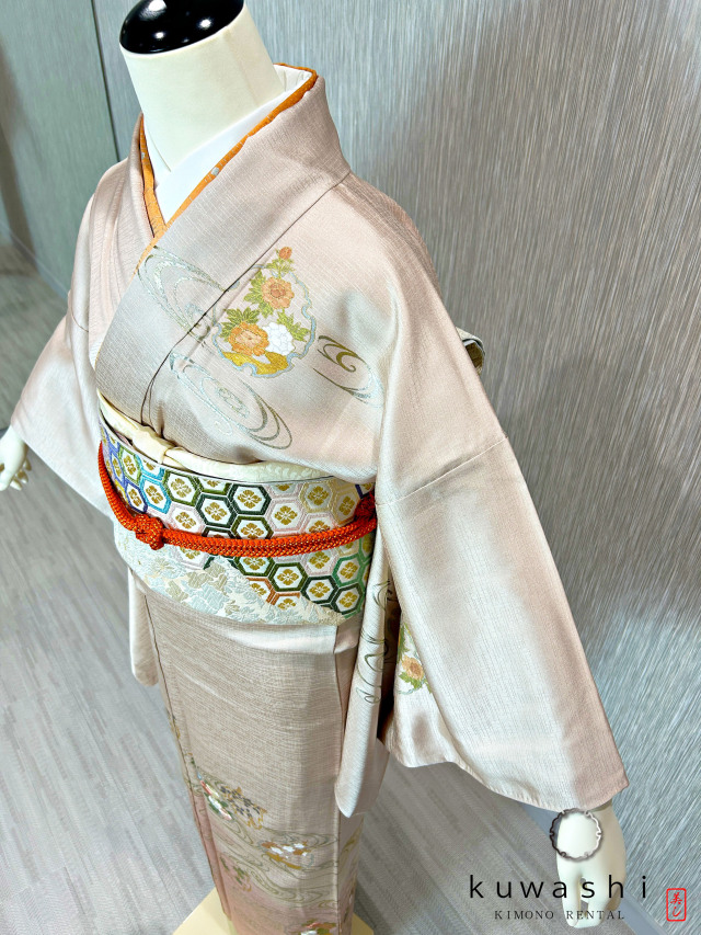 ラスターピンク刺繍金彩正絹訪問着 袋帯フルセット【レンタル　身長１５６ｃｍ～１７１ｃｍ】クワシ着物レンタル　品番２００１３