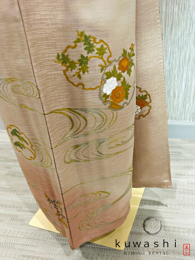 ラスターピンク刺繍金彩正絹訪問着 袋帯フルセット【レンタル　身長１５６ｃｍ～１７１ｃｍ】クワシ着物レンタル　品番２００１３