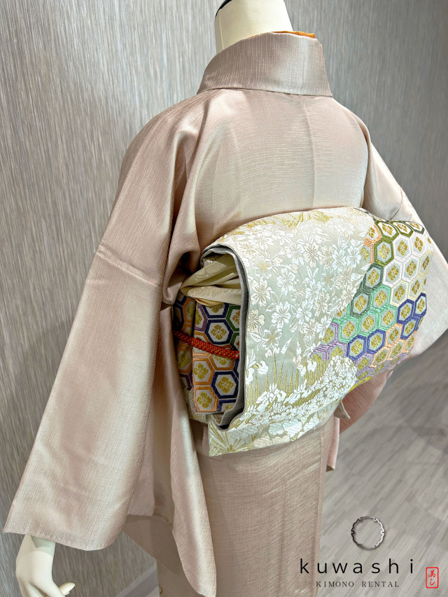 ラスターピンク刺繍金彩正絹訪問着 袋帯フルセット【レンタル　身長１５６ｃｍ～１７１ｃｍ】クワシ着物レンタル　品番２００１３