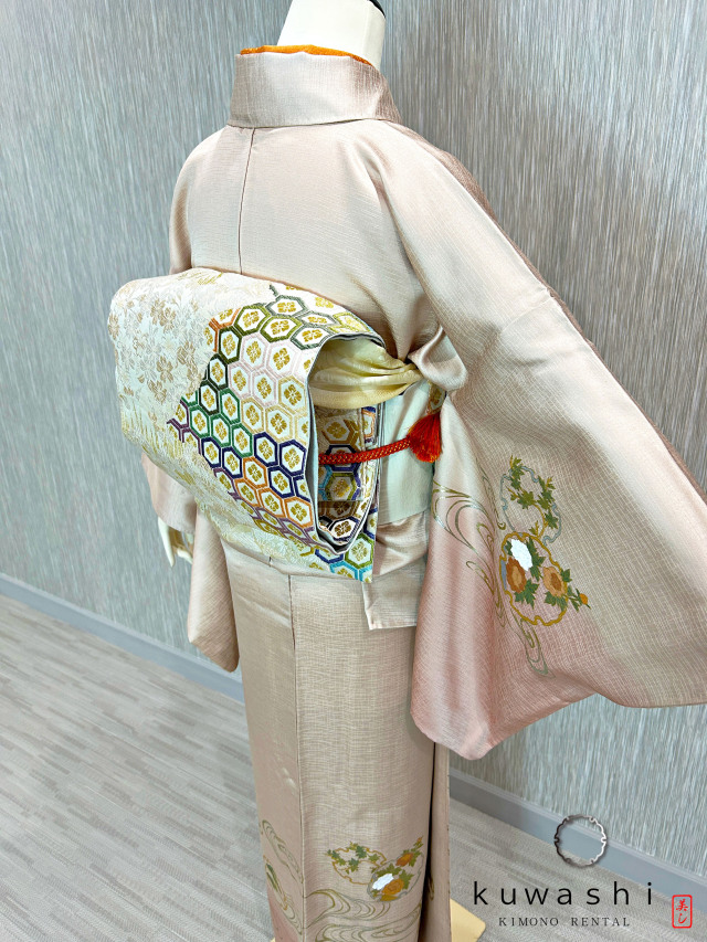 ラスターピンク刺繍金彩正絹訪問着 袋帯フルセット【レンタル　身長１５６ｃｍ～１７１ｃｍ】クワシ着物レンタル　品番２００１３