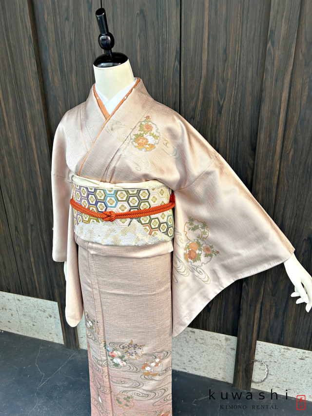 クワシ着物レンタル ラスターピンク刺繍金彩正絹訪問着