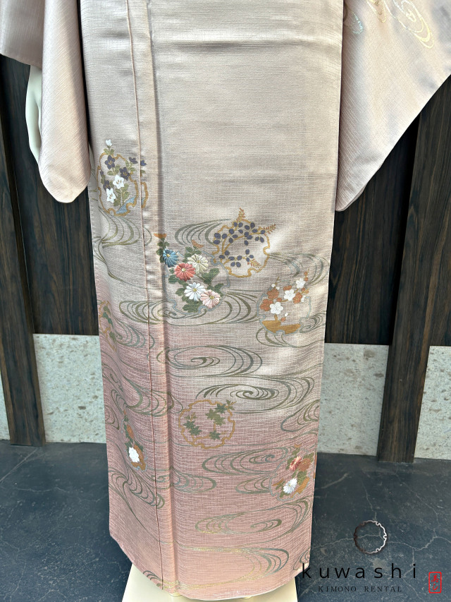 クワシ着物レンタル ラスターピンク刺繍金彩正絹訪問着