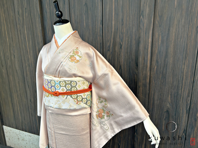 クワシ着物レンタル ラスターピンク刺繍金彩正絹訪問着