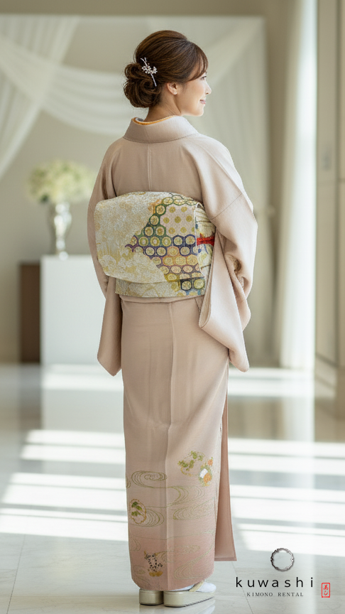 ラスターピンク刺繍金彩正絹訪問着 袋帯フルセット【レンタル　身長１５６ｃｍ～１７１ｃｍ】クワシ着物レンタル　品番２００１３